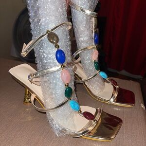 New Women’s Gold Strappy Up-Leg Heel Shoe with Stones size 41/10-10.5